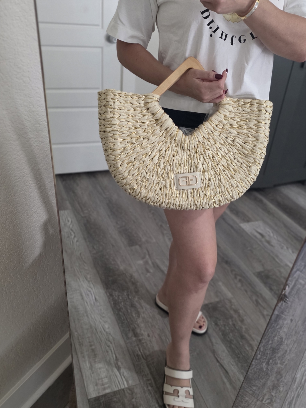Studio F. Natural Straw Half-Moon Tote Bag with Wooden Handle
